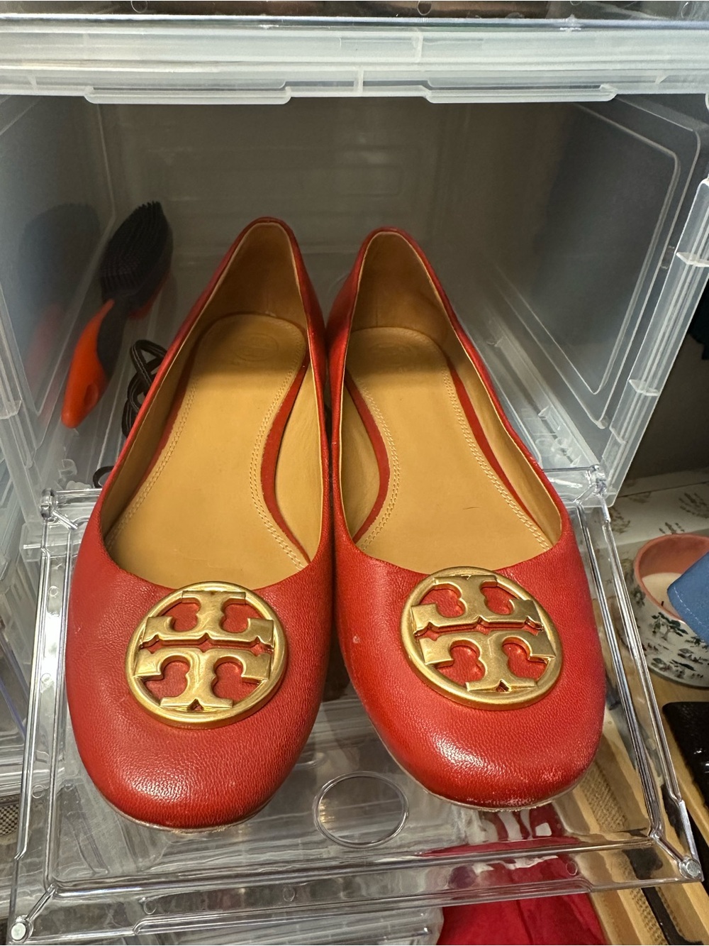 Tory Burch Red Leather Logo Ballet Flats with Gold Emblem